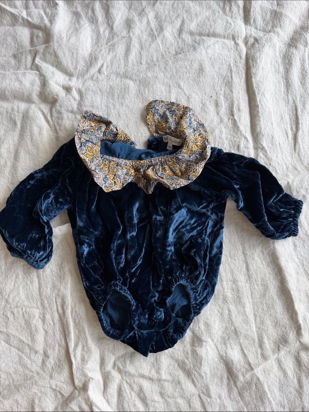 Navy Velvet Baby One-Piece Bodysuit with Floral Ruffle Collar
